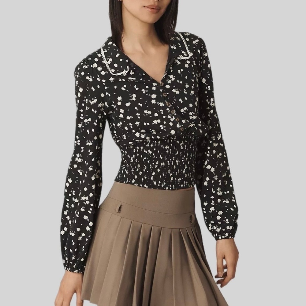 Maeve Anthropologie Black Floral Smocked Waist Lace Trim Blouse Size XS